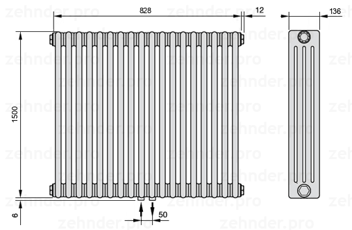 Схема (чертеж) Радиатор Zehnder Charleston 4150/18 №3470 Белый глянцевый RAL 9016